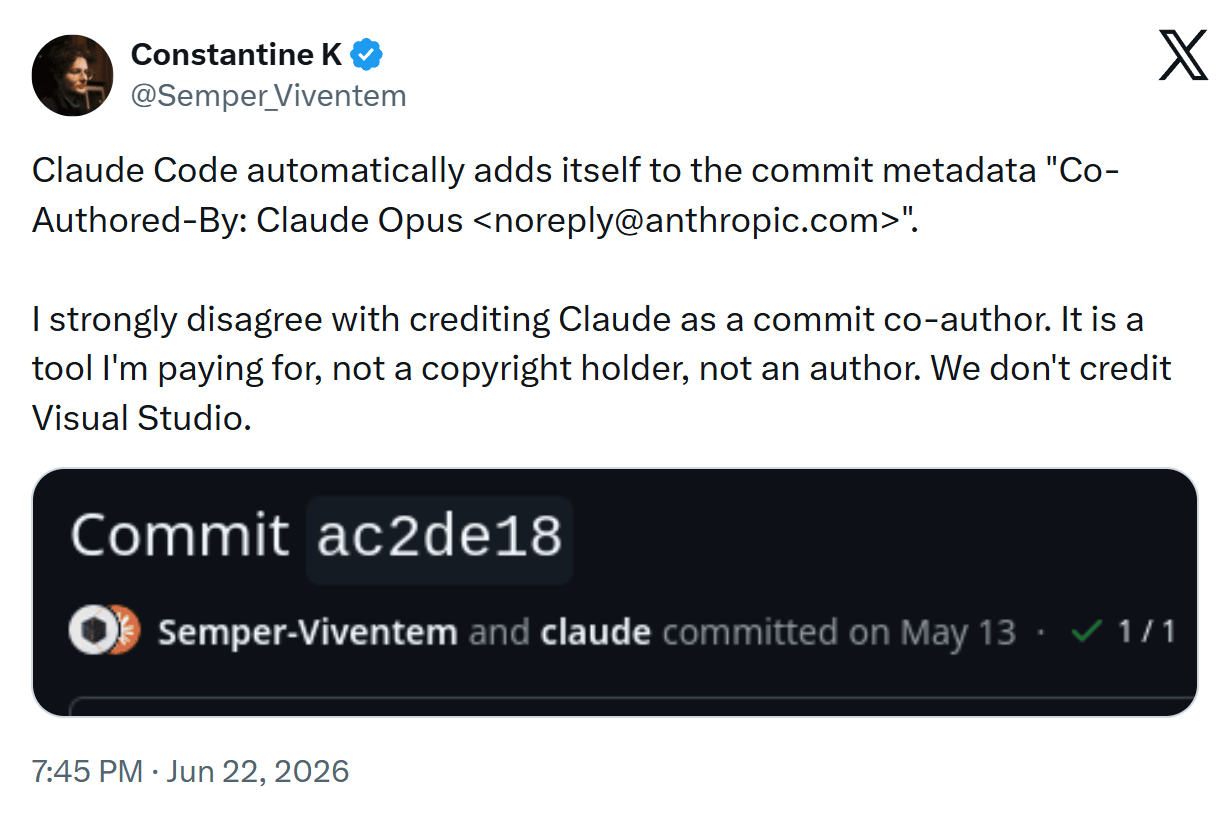 Crediting Claude on commits, on X