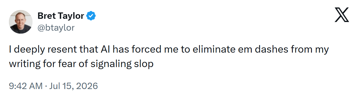 Not using em dashes anymore, on X