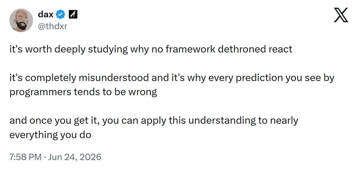 Why React hasn't been dethroned, on X