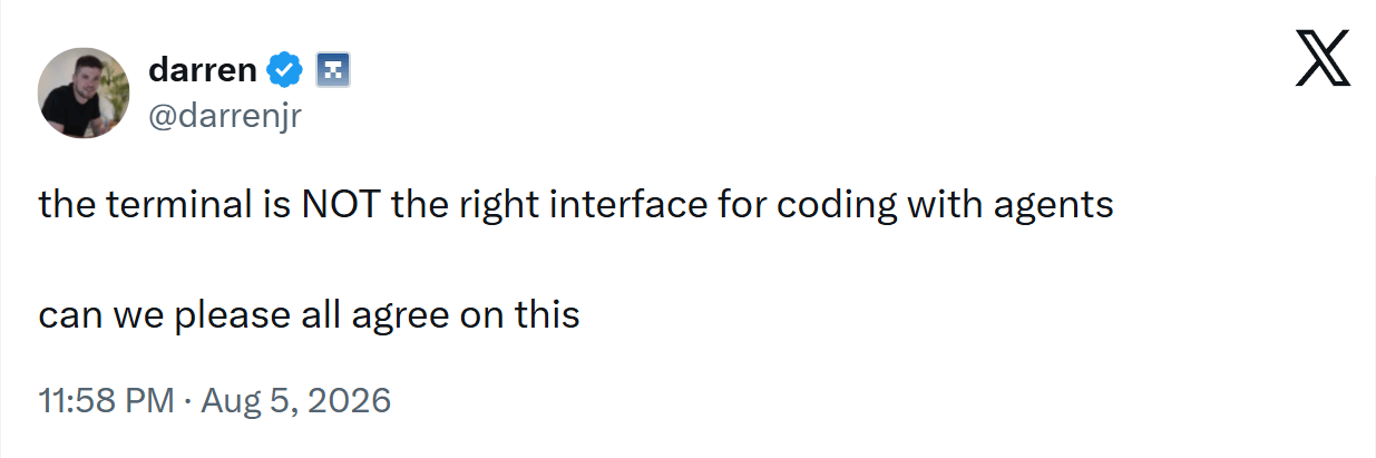 Terminal as UI for Coding Agents, on X