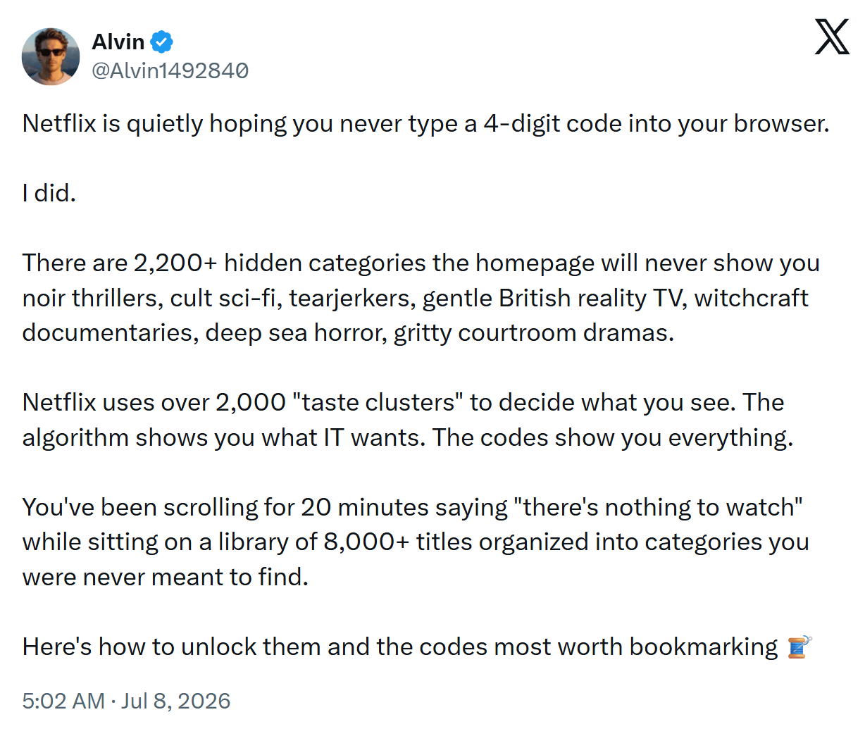 Netflix category hack, on X
