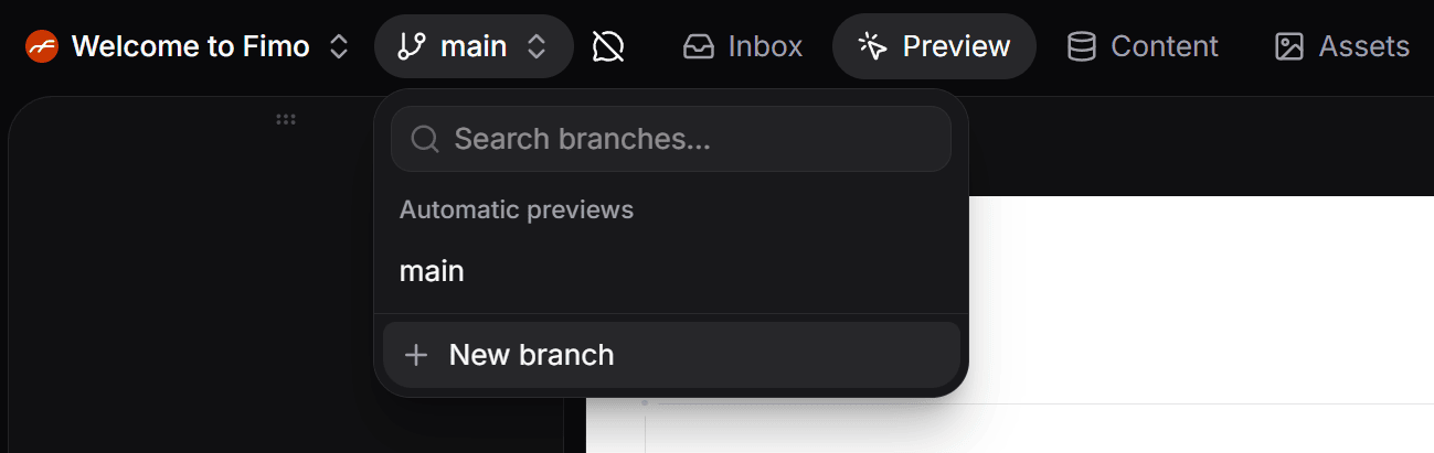 Creating a new branch for a project in Fimo