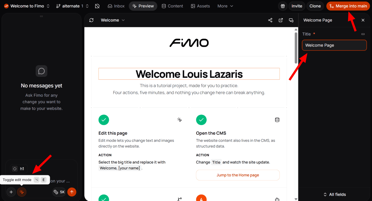Editing a branch and merging to Main in Fimo