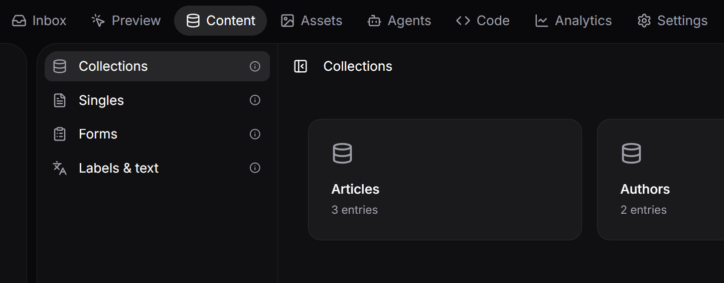 The different menu options in Fimo's CMS