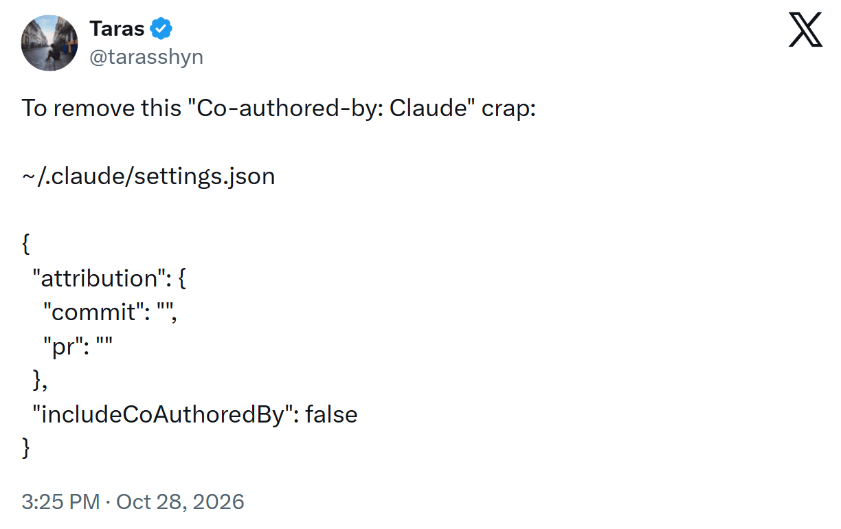 Remove authored by Claude, on X
