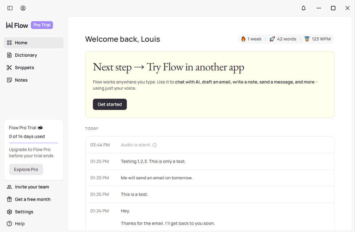 Wispr Flow's home section on the desktop app