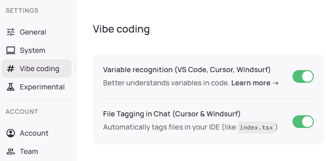 Vibe Coding settings in Wispr Flow on desktop