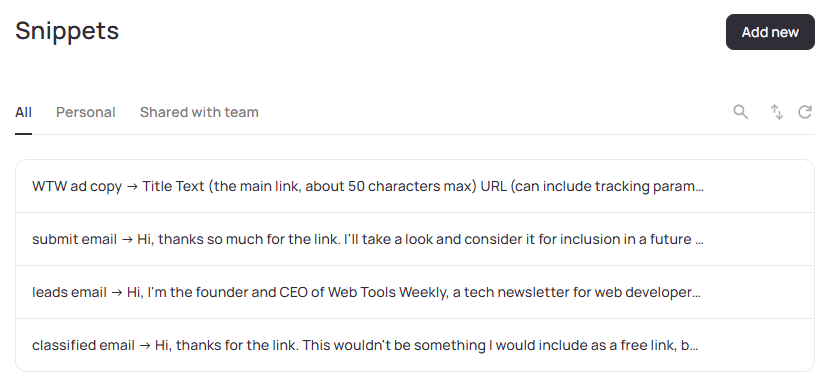 Your commonly-used Snippets in Wispr Flow