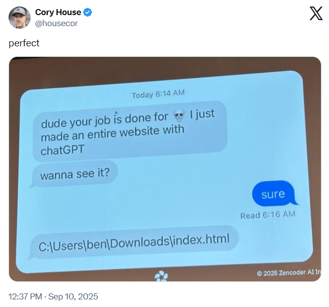 Inexperienced developer sharing a website via text message on X