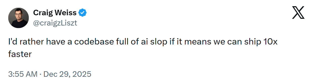 A codebase full of AI slop if we ship 10x faster, on X