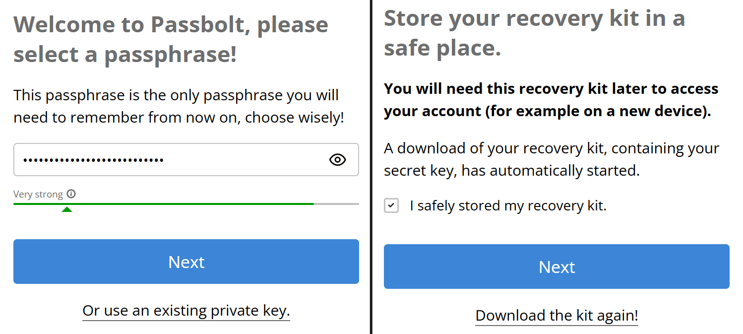 Signing up for Passbolt, setting up your passphrase and secret key