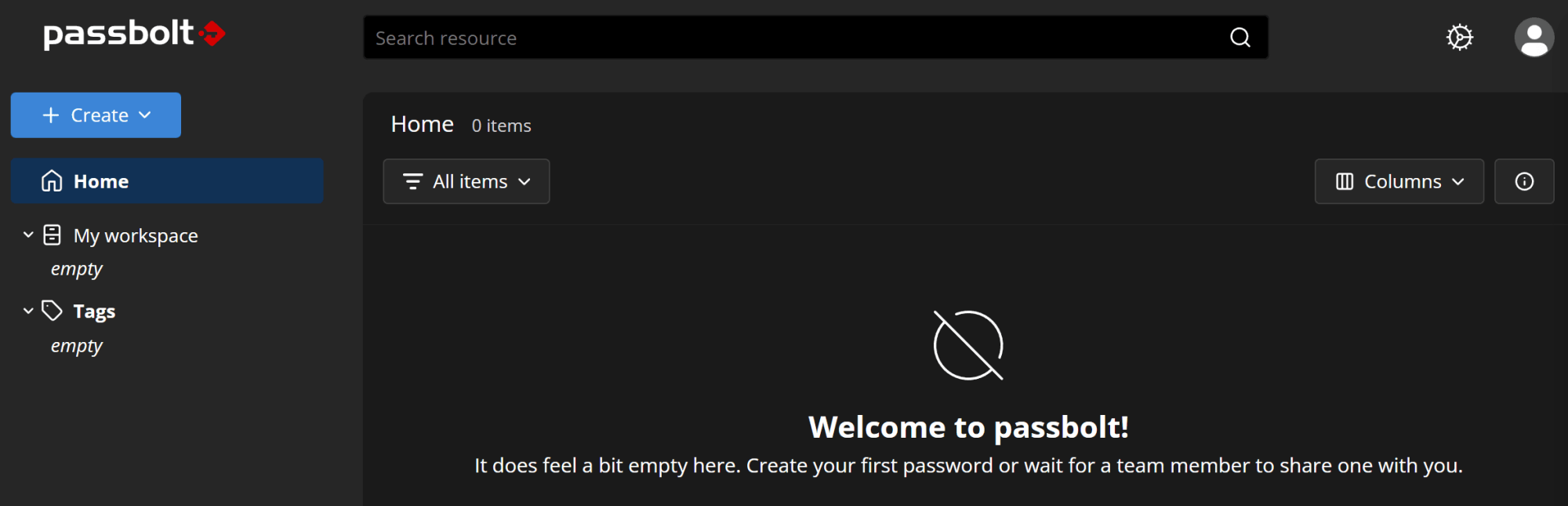 The Passbolt dashboard using the Midgar dark theme