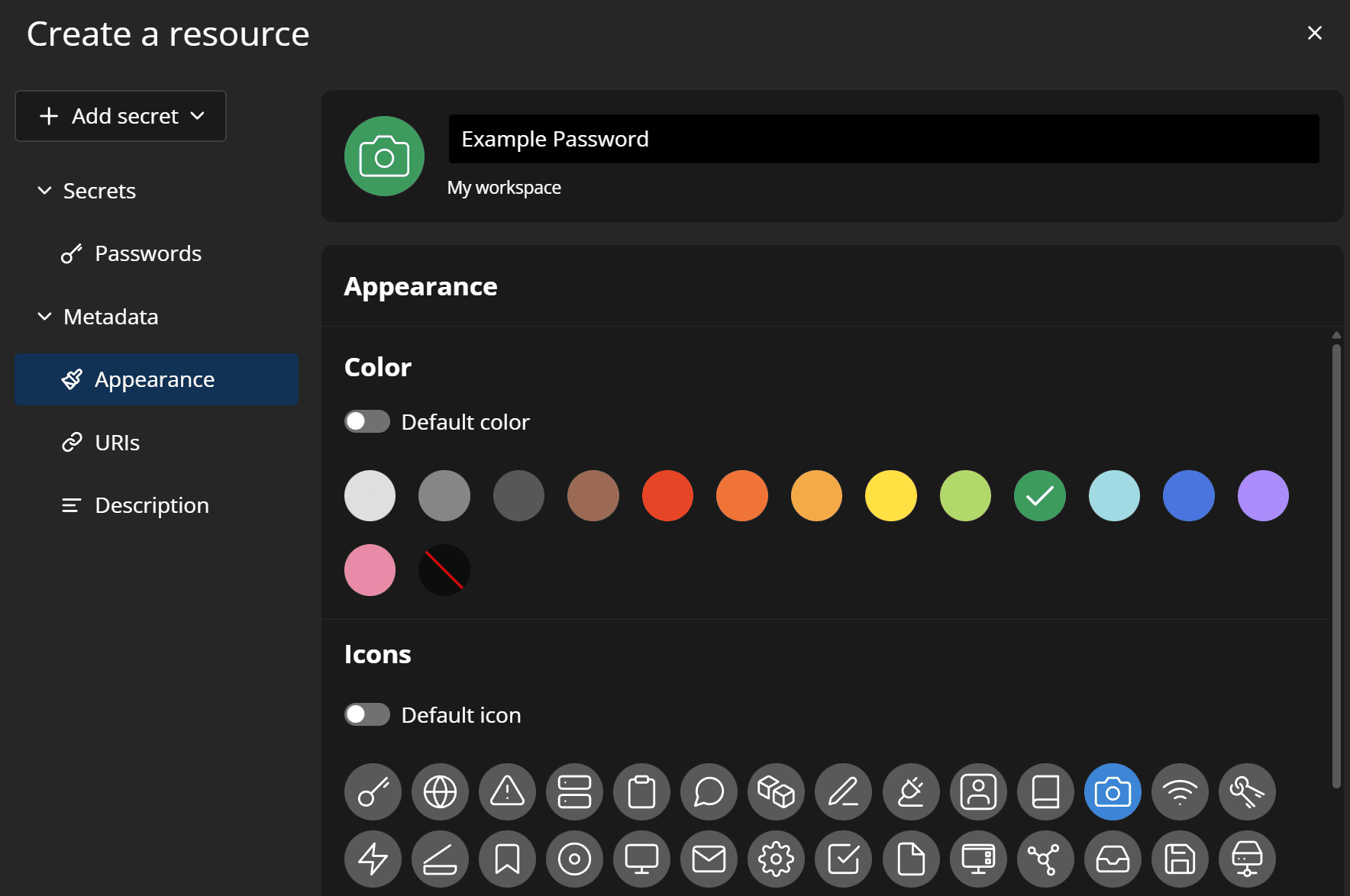 Creating a new resource in Passbolt, with optional color and icon.