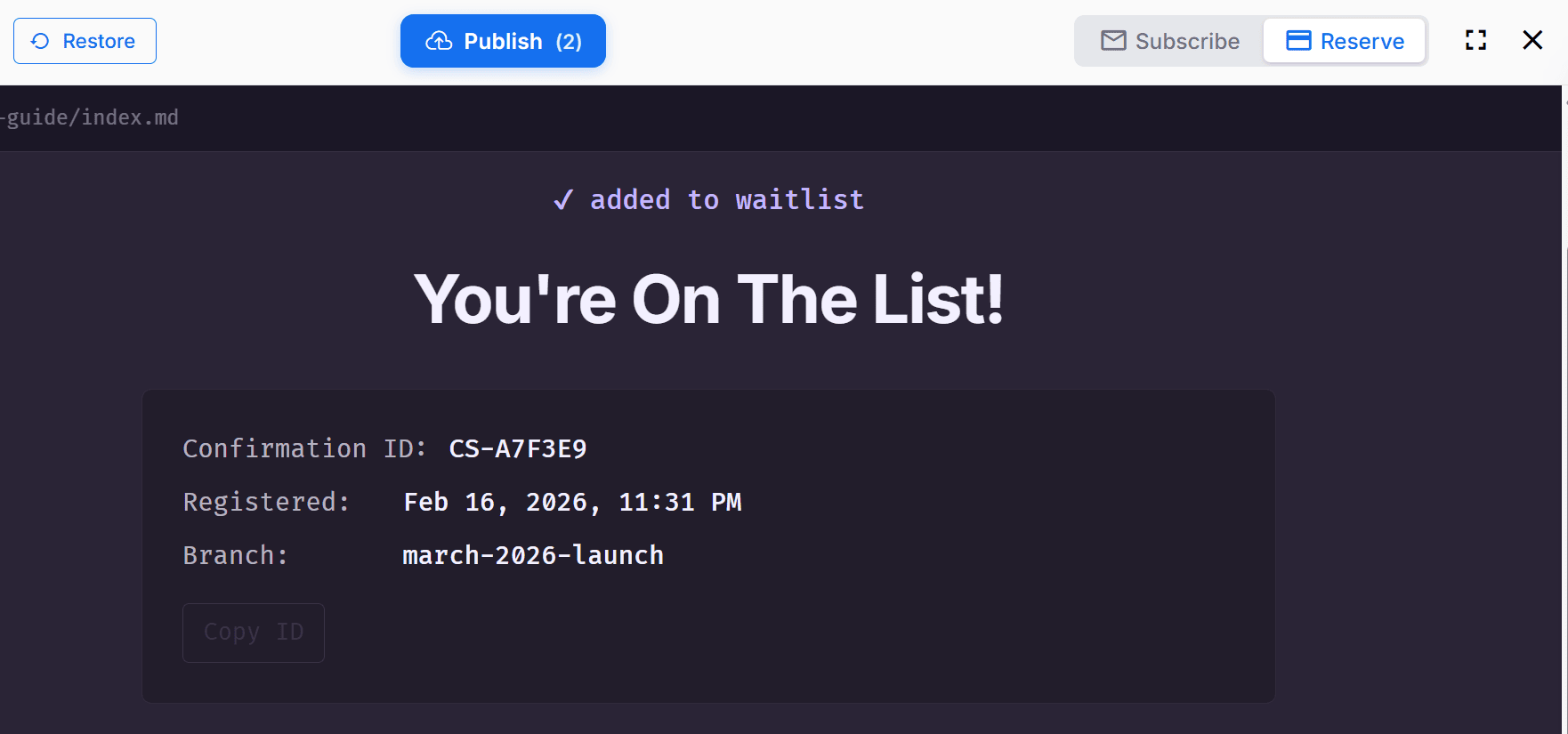 A Crowdstake landing page "Reserve" message