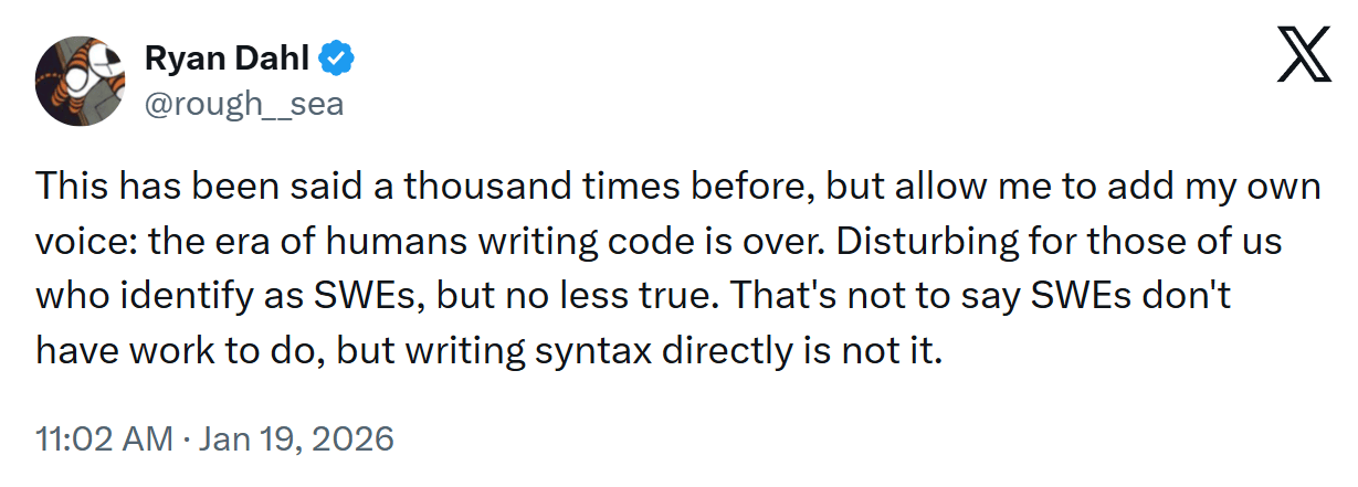 Software Engineering won't write code anymore, on X
