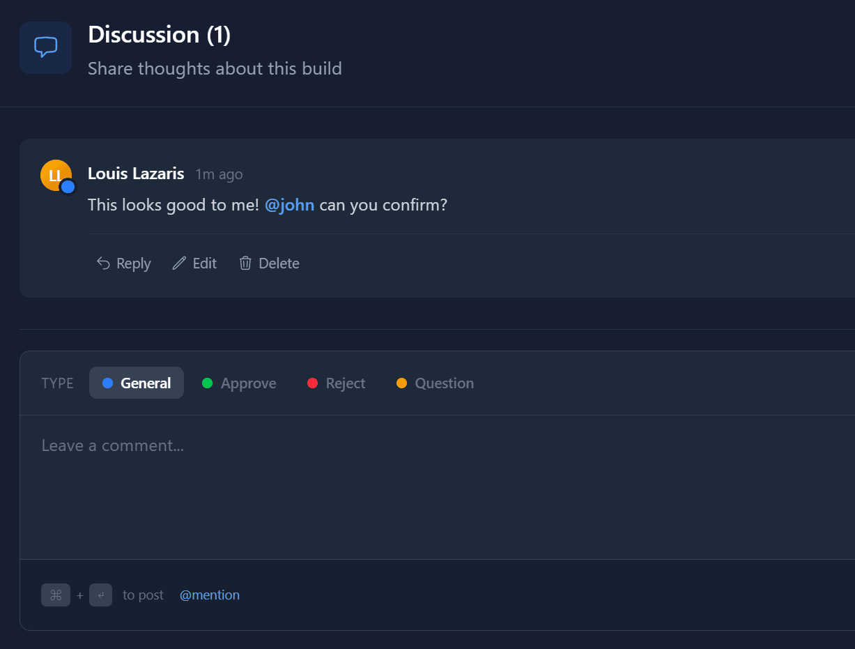 Commenting on a build with an @mention