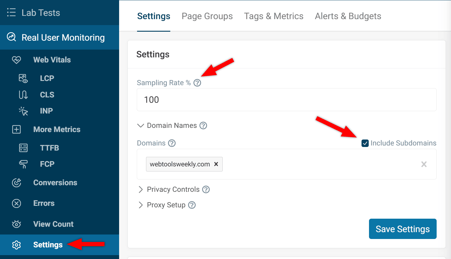 Configuring RUM settings in DebugBear