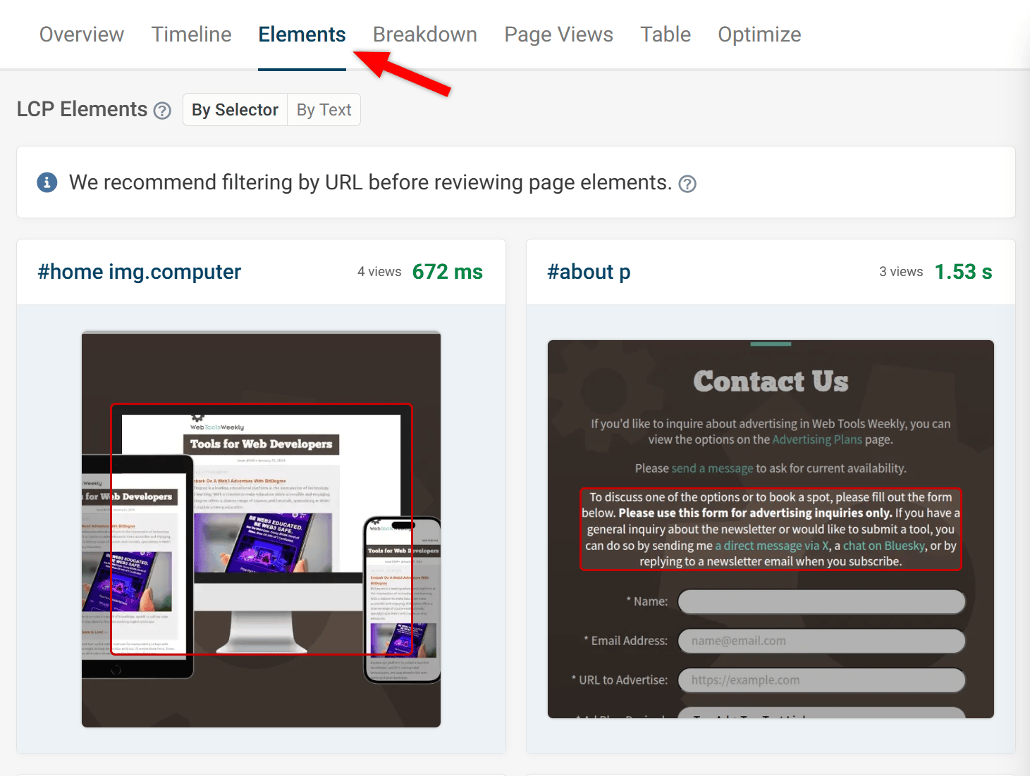 Viewing LCP elements with RUM in DebugBear