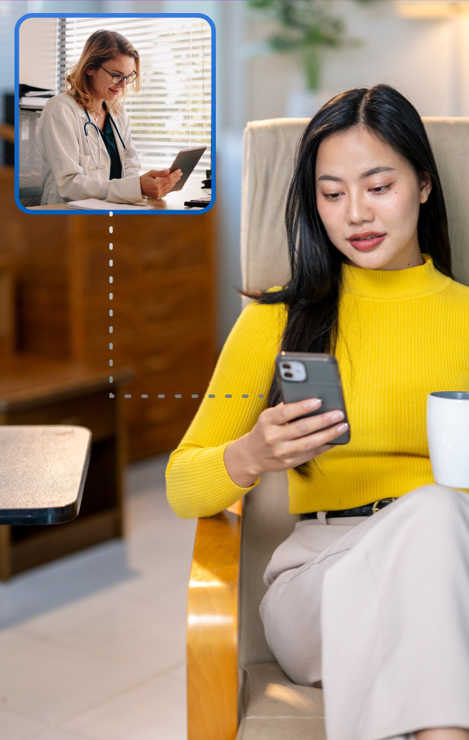 Woman engaging with remote clinical pathways by contacting their doctor from home