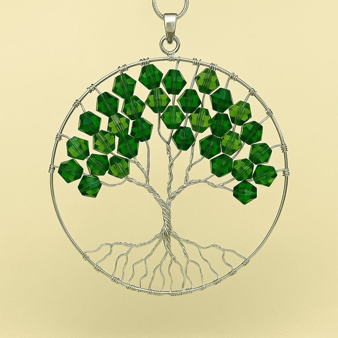Tree of Life from silver wire and green beads.