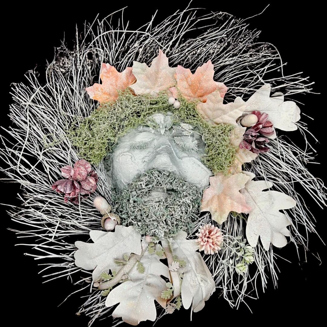 Sleeping spirit of winter wreath built from natural materials