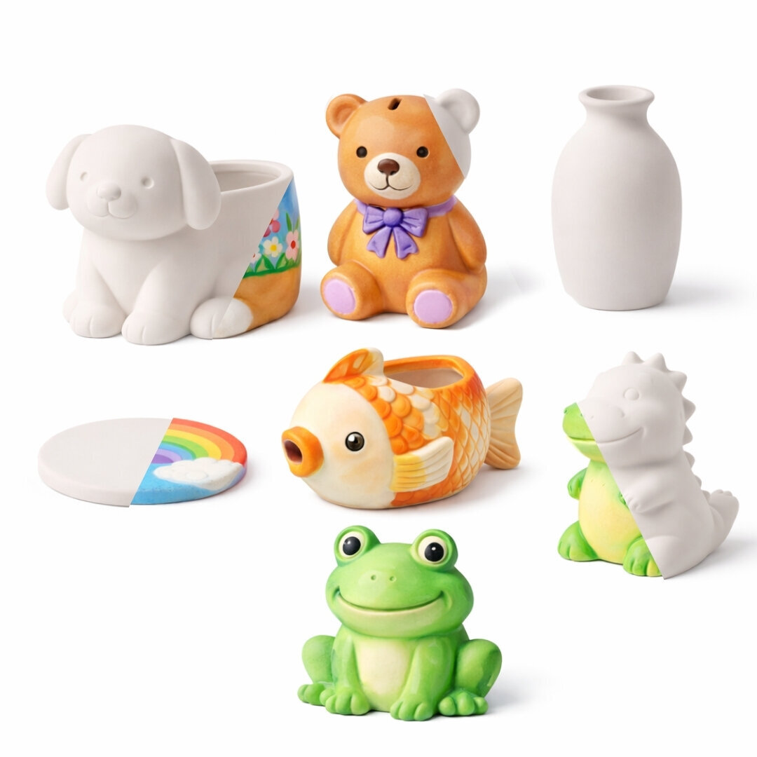 Unpainted and hand-painted ceramic figures including a teddy bear, frog, fish and animal planters displayed to show before and after painting.