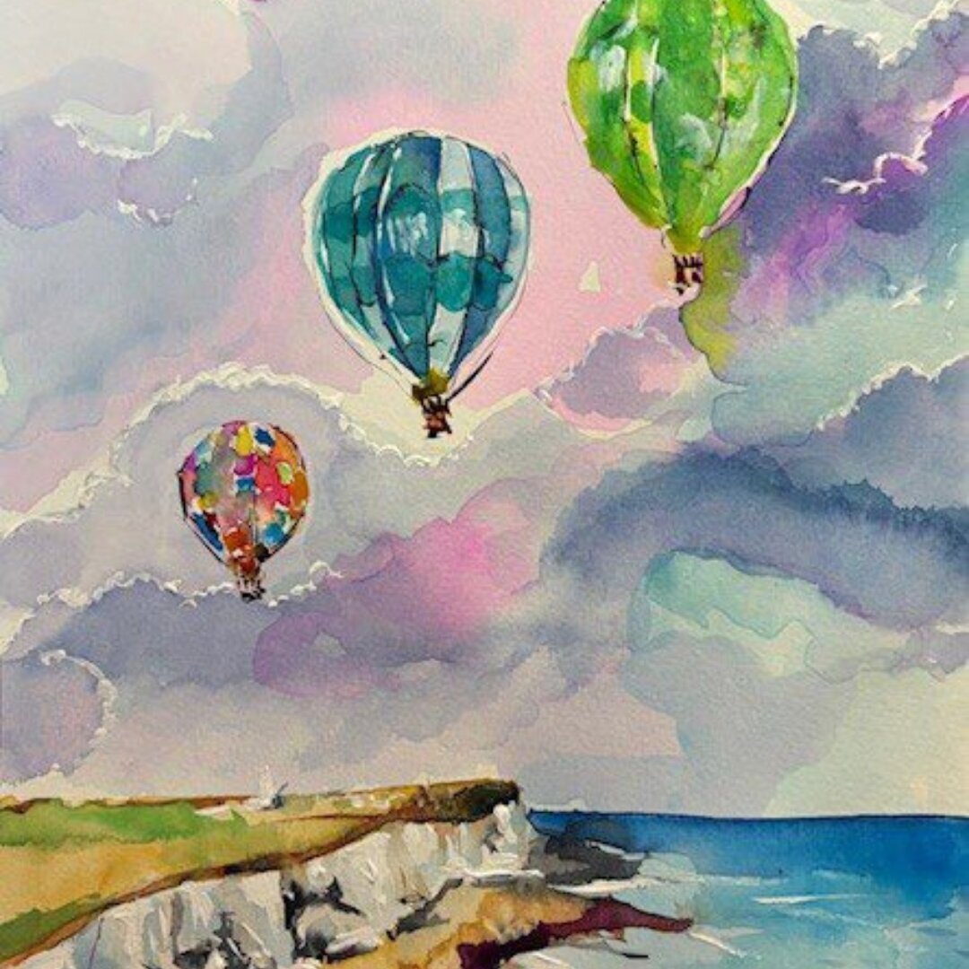 Watercolour painting of colourful hot air balloons floating above coastal cliffs and sea under soft pastel skies.