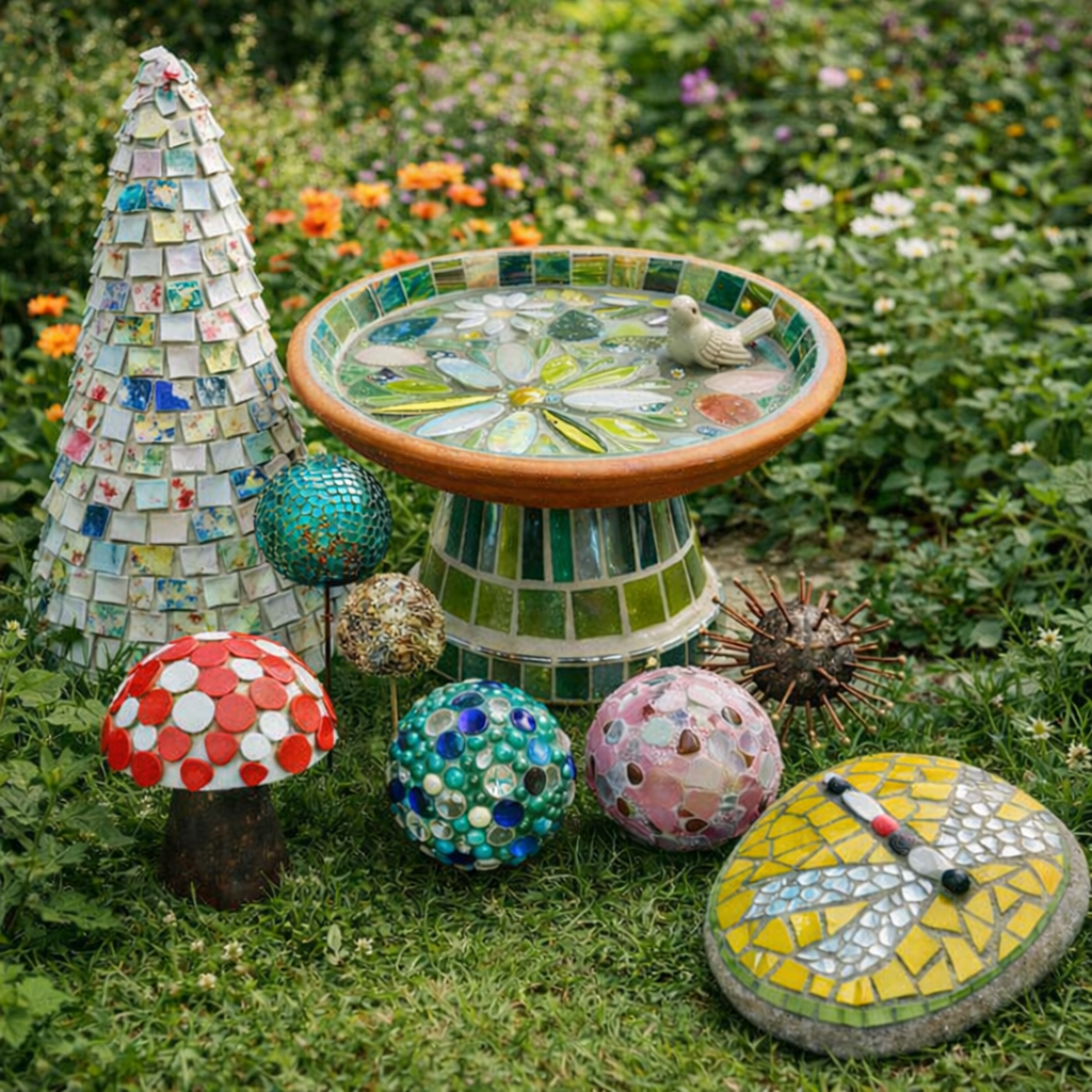 Colourful mosaic garden sculptures including decorative orbs, textured spheres and a sculpted heart displayed outdoors on a table.