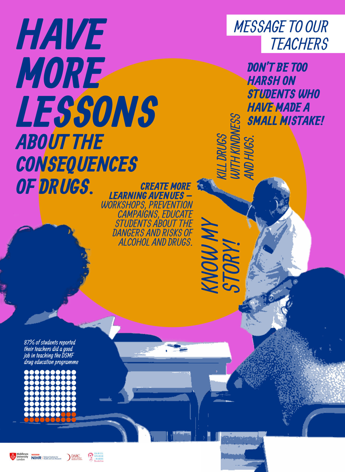 Message to our teachers poster 'have more lessons about the consequences of drugs.'